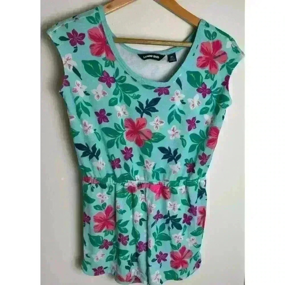 Lands' End Romper Youth X-Large Green Floral All Over Print Shorts Terry Kids - Picture 1 of 6
